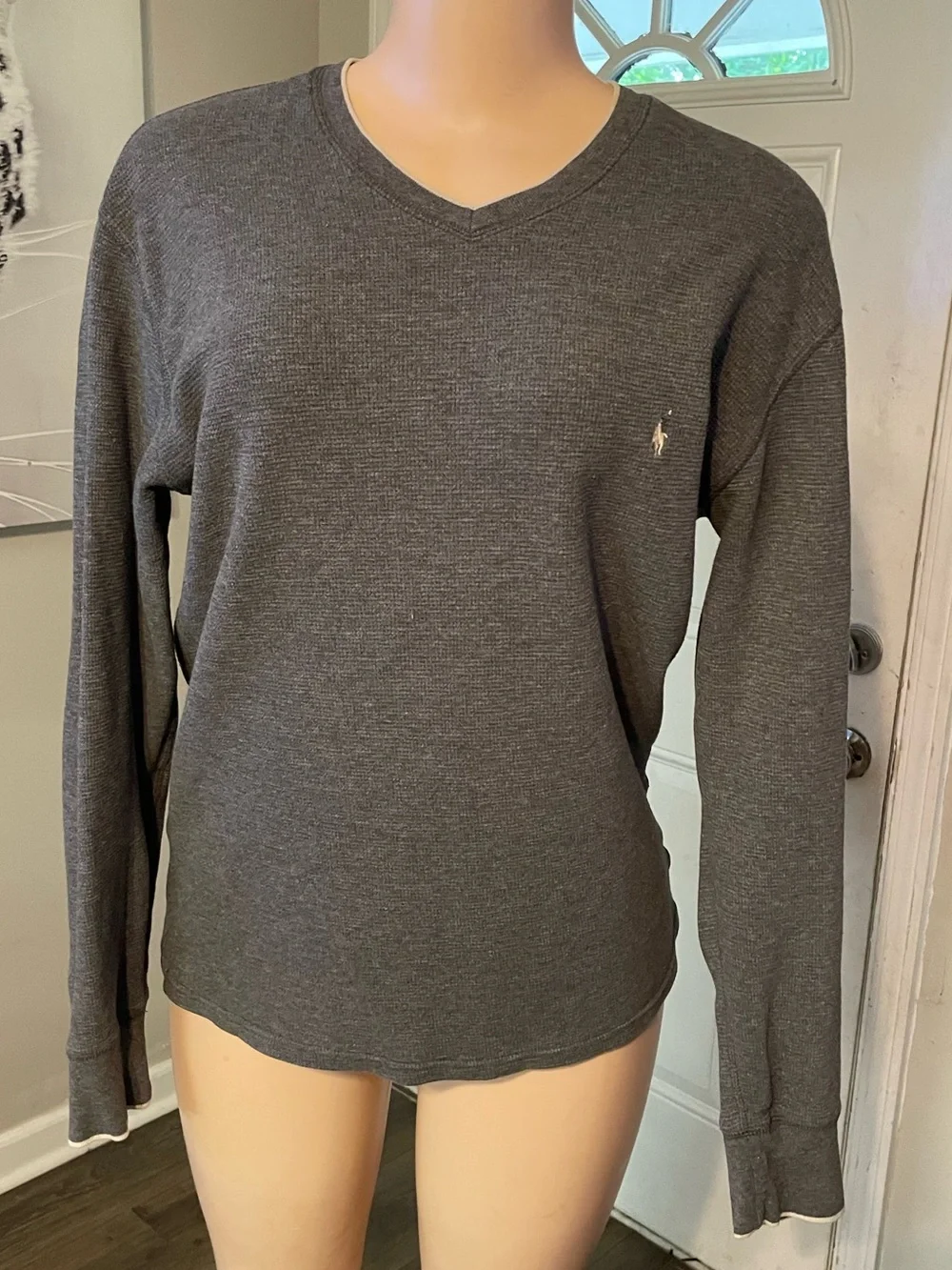 Polo Ralph Lauren waffle knit cotton Charcoal V-Neck Long Sleeve Shirt Medium